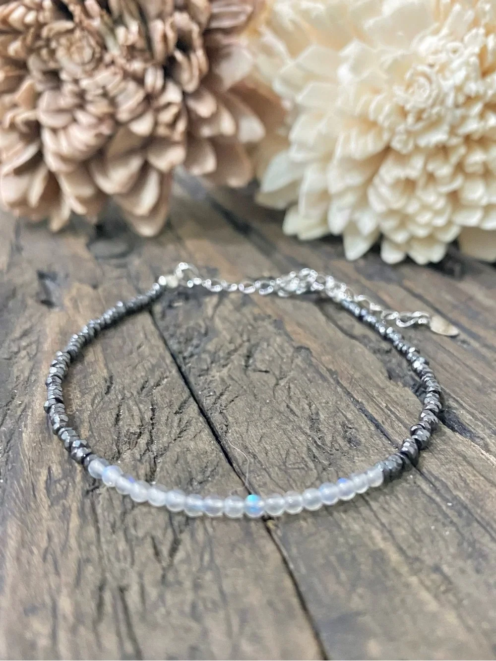 Dainty Chain Bracelet, Tiny Hematite & Labradorite beads, 18k Gold Filled Chain